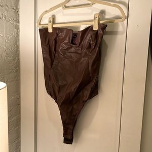 Zara Brown Faux Leather Bodysuit, Size Medium